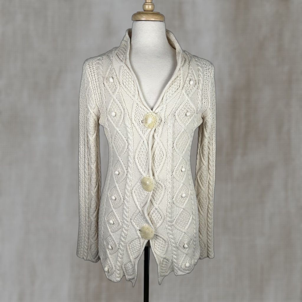 Free People Free People Sweater Cardigan Womens Large White Cable Knit Bell Sleeve Boho Casual Fall Winter Adult Large White Cable-Knit Cardigan Size L / US 10 / IT 46 - 1 Thumbnail
