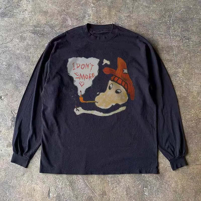 Vintage Black retro smoking dog print long-sleeved t-shirt Size US M / EU 48-50 / 2 - 1 Thumbnail