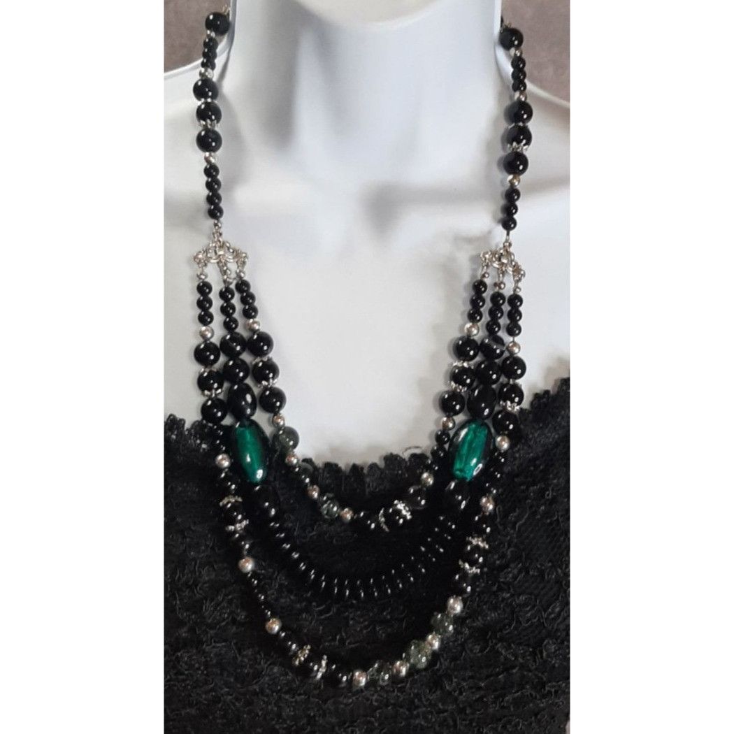 Other Multi-Strand Black Beaded Necklace With Green Accents & Silv Size ONE SIZE - 1 Thumbnail