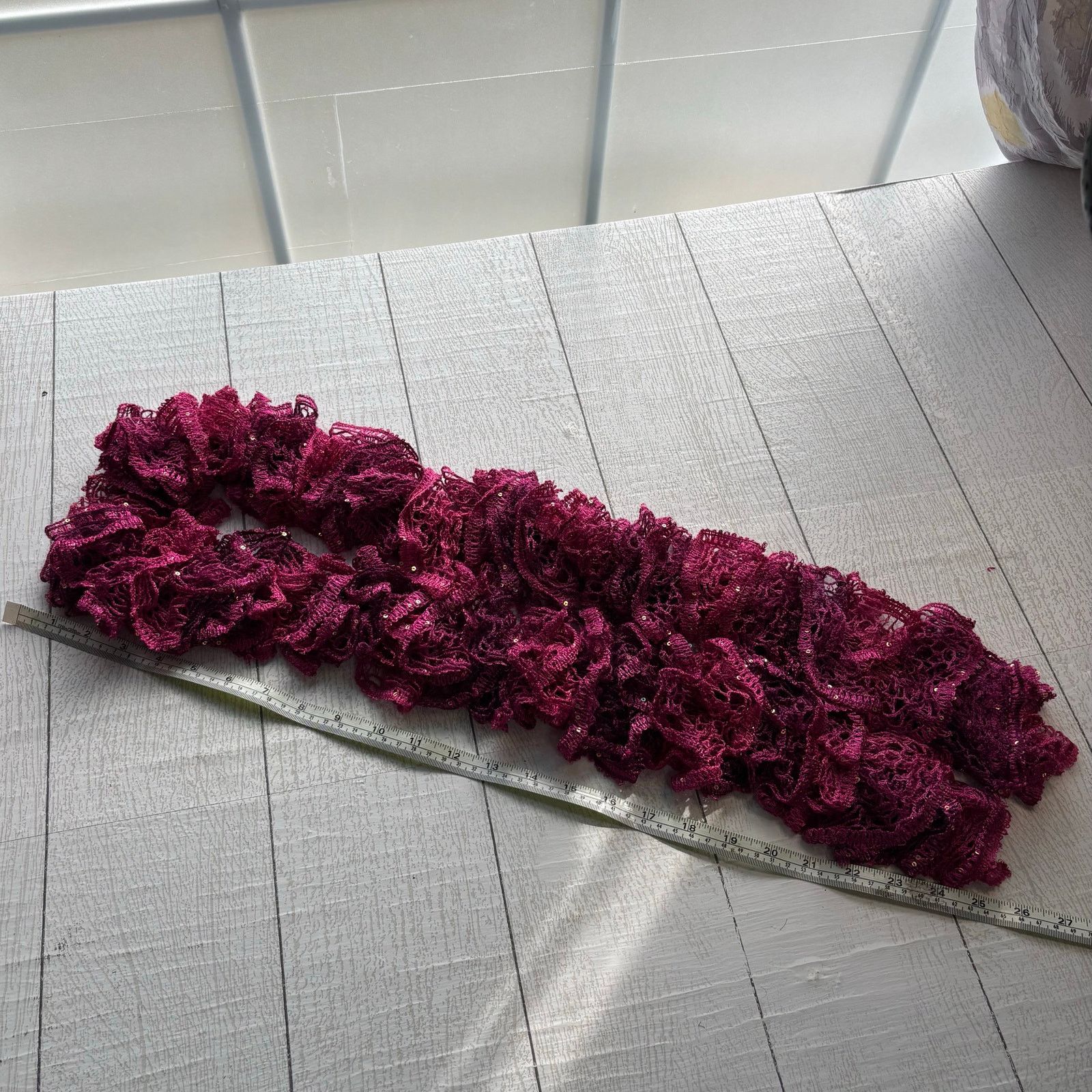 Handmade Homemade Crocheted Purple Pink Ruffle Scarf Sequin Accents Size ONE SIZE - 4 Thumbnail