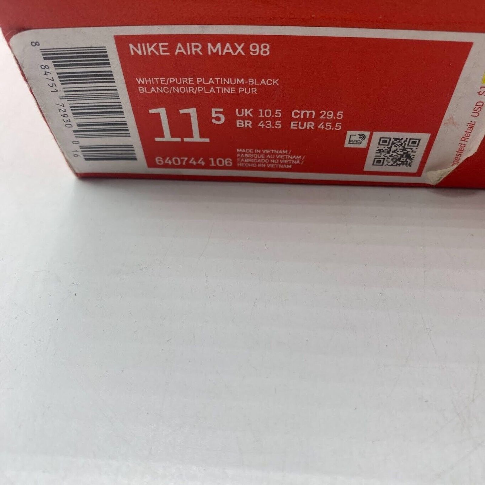 Nike Nike Air Max 98 White Men's Size 11.5 640744 106 Brand NEW Size US 11.5 / EU 44-45 - 9 Thumbnail