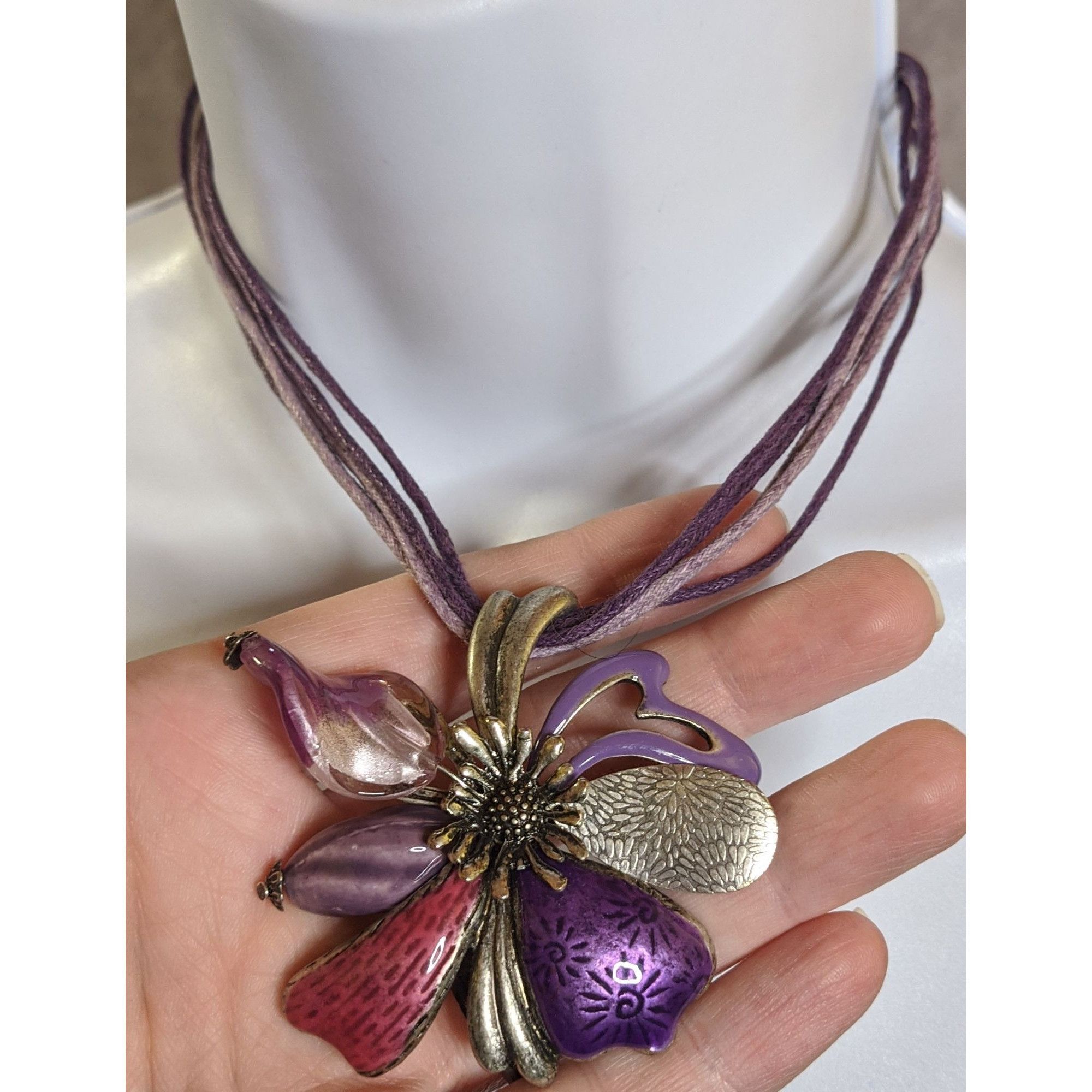Other Fairycore Floral Multi-Layer Purple Cord Necklace With Enam Size ONE SIZE - 6 Thumbnail