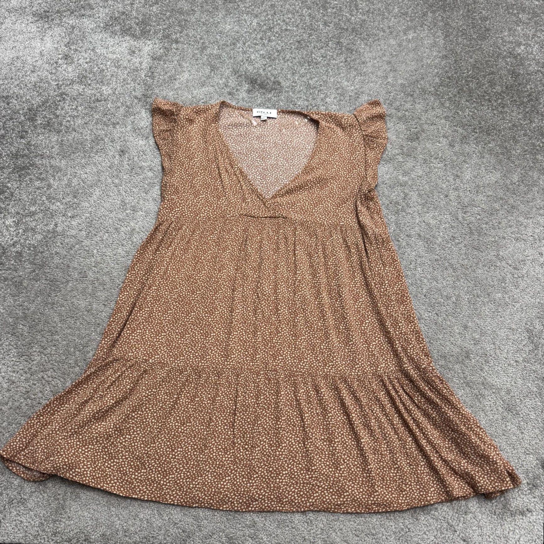 Vintage Gilli Brown Polka Dot Flutter Sleeve Mini Dress Womens Small V-Neck Rayon Sundress, Short Sleeve, Bohemian, Casual Size S / US 4 / IT 40 - 2 Thumbnail