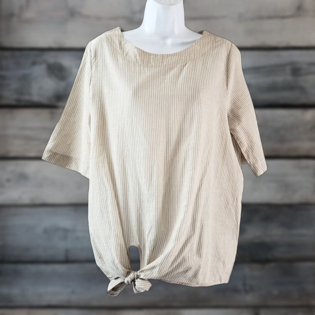 Vintage Pleione Womens Blouse Sz M Tan Striped Front Tie Half Sleeves Rayon Shirt Casual Womens Medium Tan Striped Pleione Blouse Size M / US 6-8 / IT 42-44 - 1 Thumbnail
