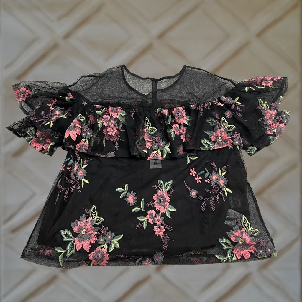BB Dakota BB Dakota Womens Medium Black Sheer Embroidered Floral Ruffles Top Casual NWT Size M / US 6-8 / IT 42-44 - 1 Thumbnail