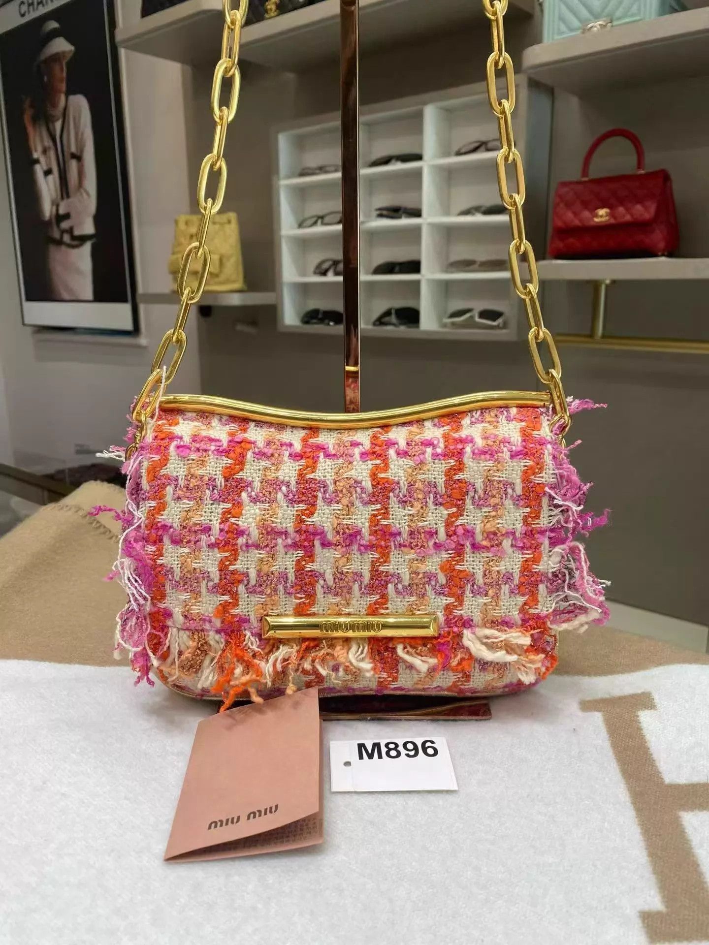 Miu Miu MIU MIU Pink Orange Houndstooth Fringed Chain Underarm Bag Size ONE SIZE - 1 Thumbnail