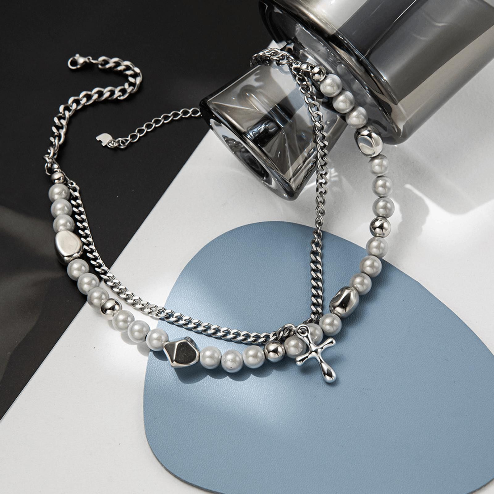 Jewelry Cross Double Layered Pearl Necklace Size ONE SIZE - 4 Thumbnail