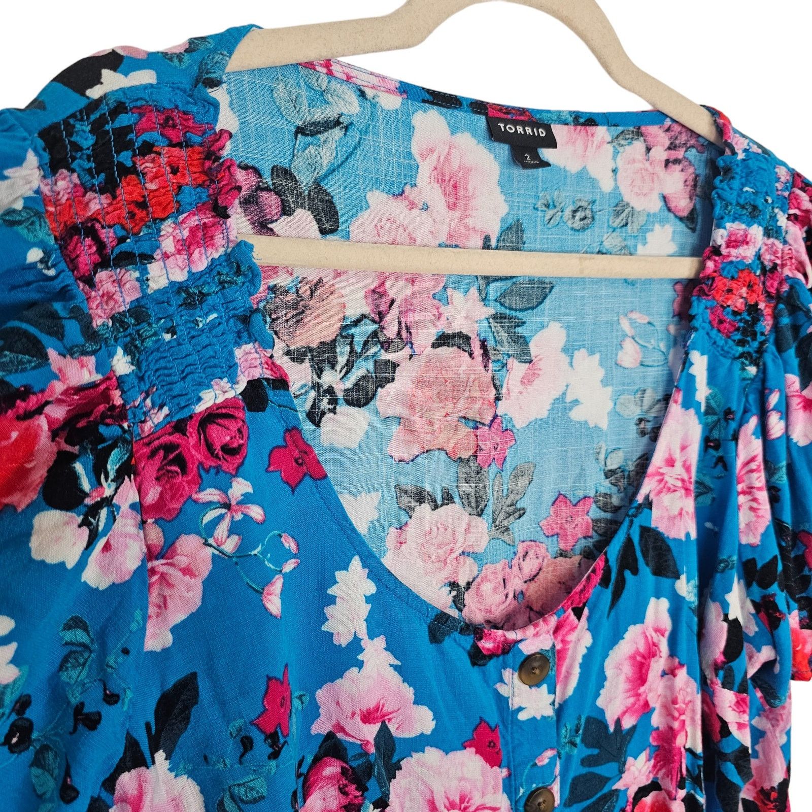 Torrid Torrid Womens Floral Button Top Plus Sz 2X Smocked Shoulders Size XXL / US 16-18 / IT 52-54 - 6 Thumbnail