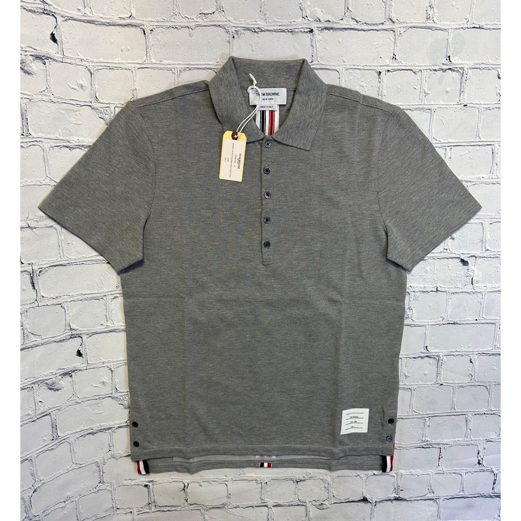 image of Thom Browne New York Relaxed Fit Ss Polo W/ Cb Rwb Stripe In in Lt Grey, Men's (Size Medium)