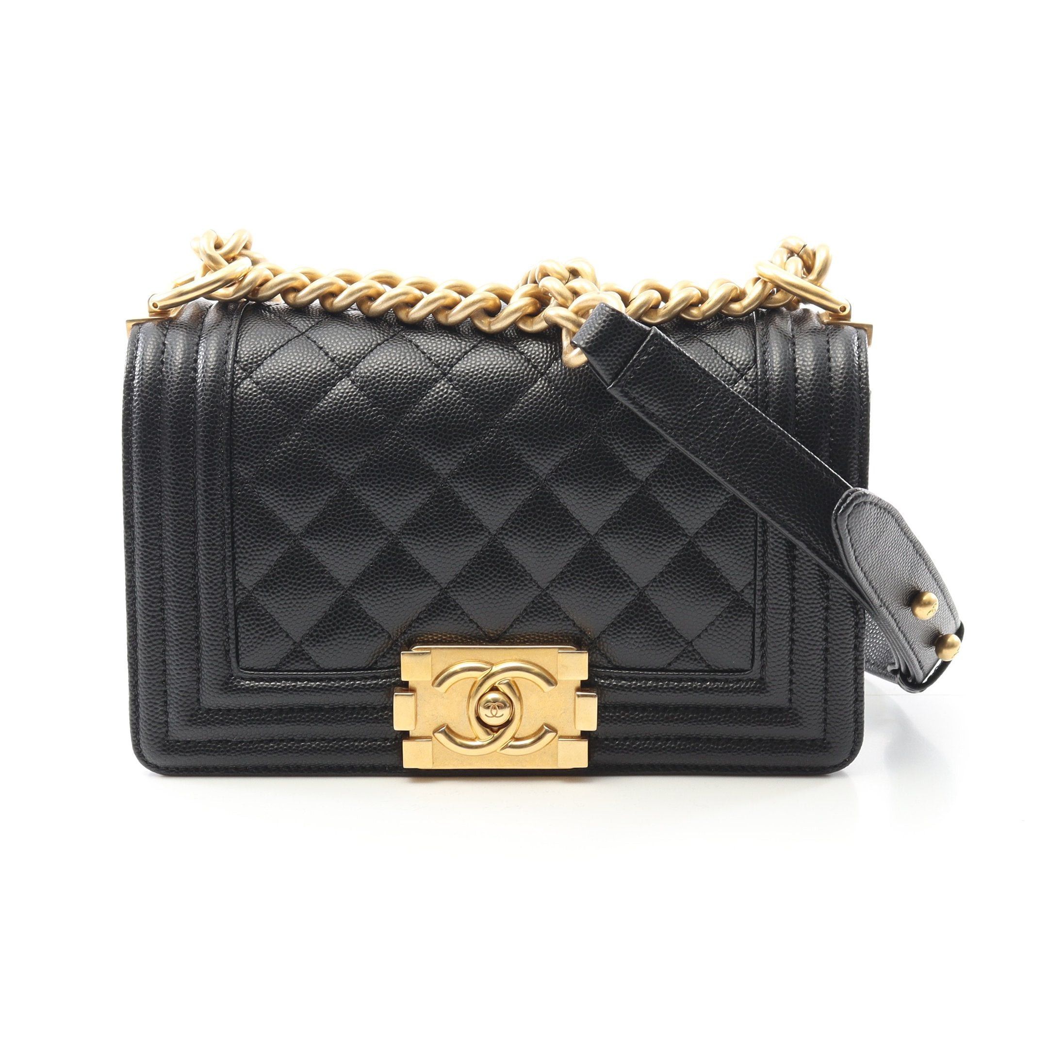 Chanel Boy Chanel Small Chain Shoulder Bag Caviar Skin Black Gold Hardware