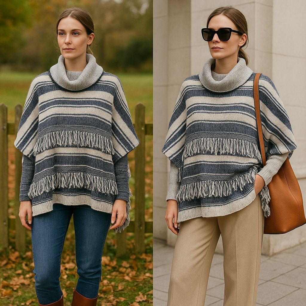 Other Striped Fringe Women Cowl Neck Poncho Navy Cream OS Cottagec Size ONE SIZE - 1 Thumbnail