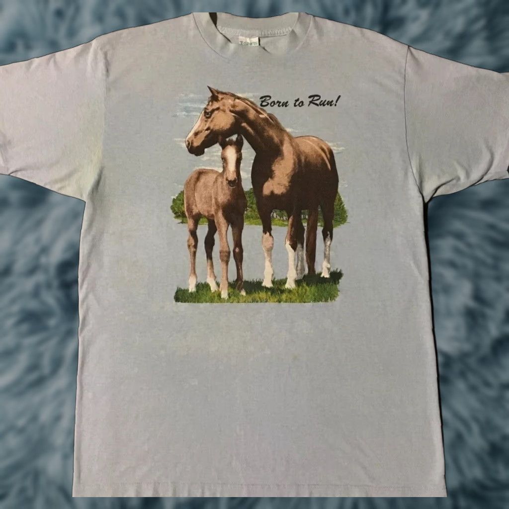 VINTAGE 90s Born To Run Horse Faded Distressed Shirt XL Blue Men T-Shirt Grunge Cowboy Western Biker Music