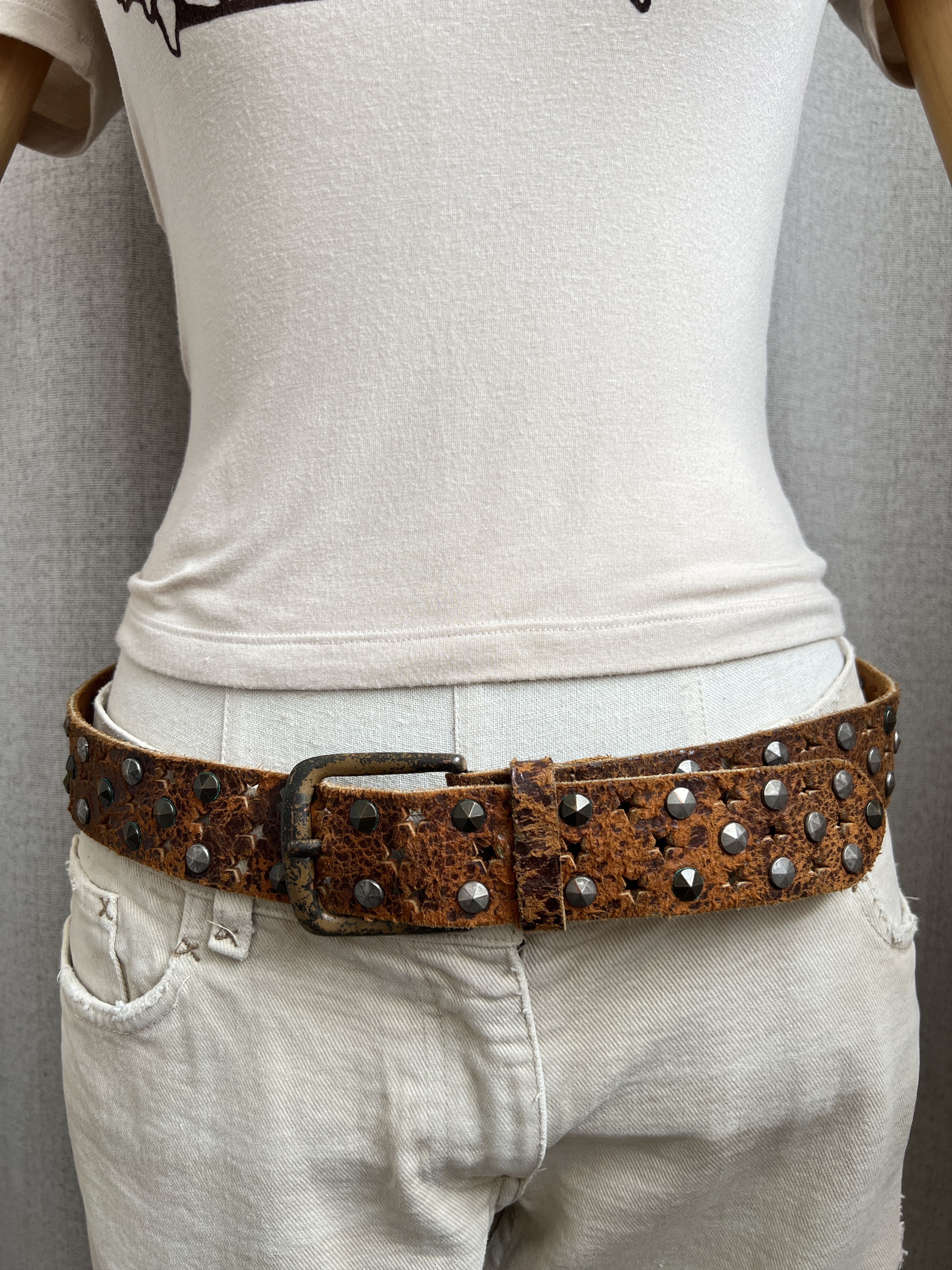 Vintage Y2K Brown Leather Rhinestones Studded Belt Size ONE SIZE - 5 Thumbnail