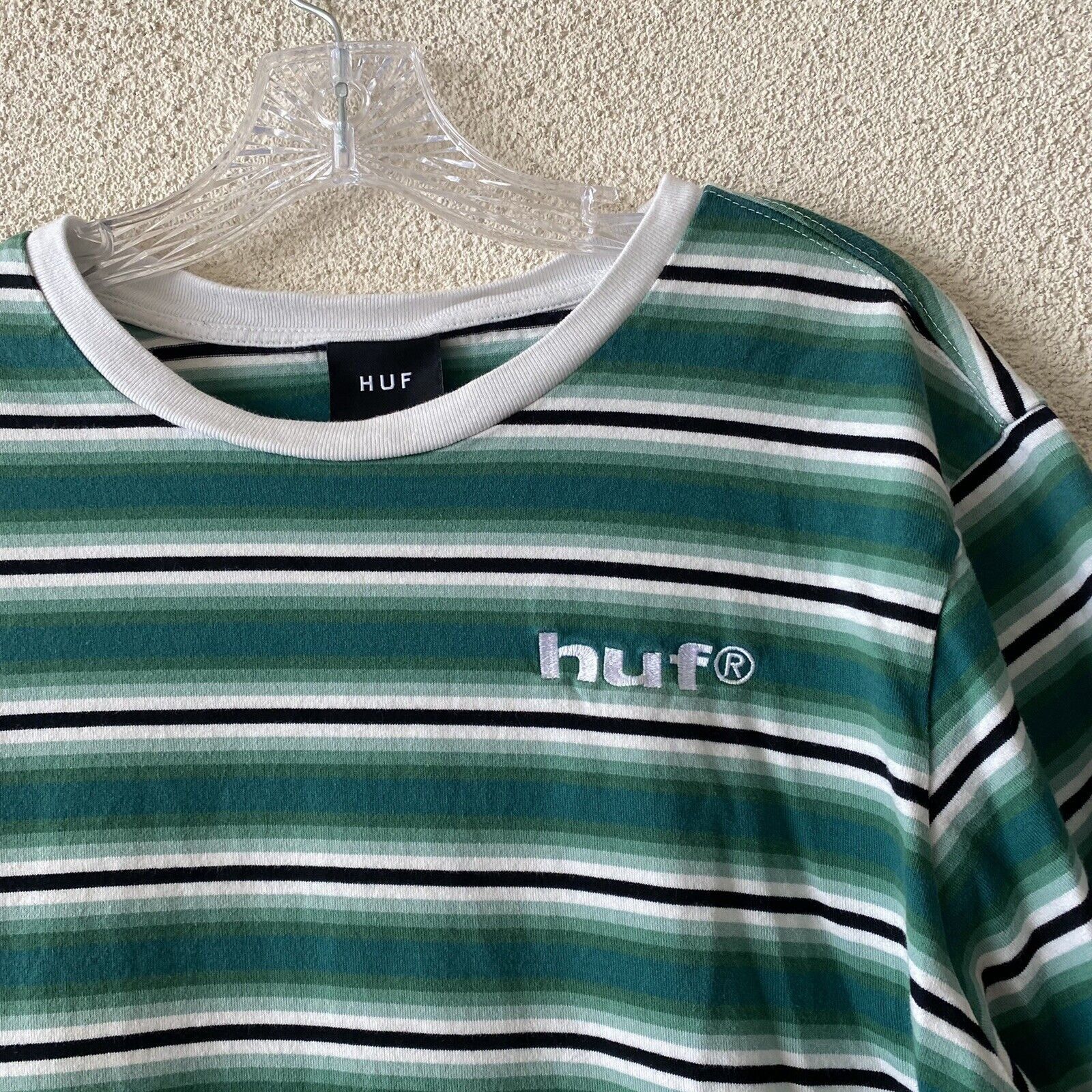 Huf HUF Mens Top Green White Stripe 100% Cotton Tee S/S T-Shirt Size US L / EU 52-54 / 3 - 5 Thumbnail