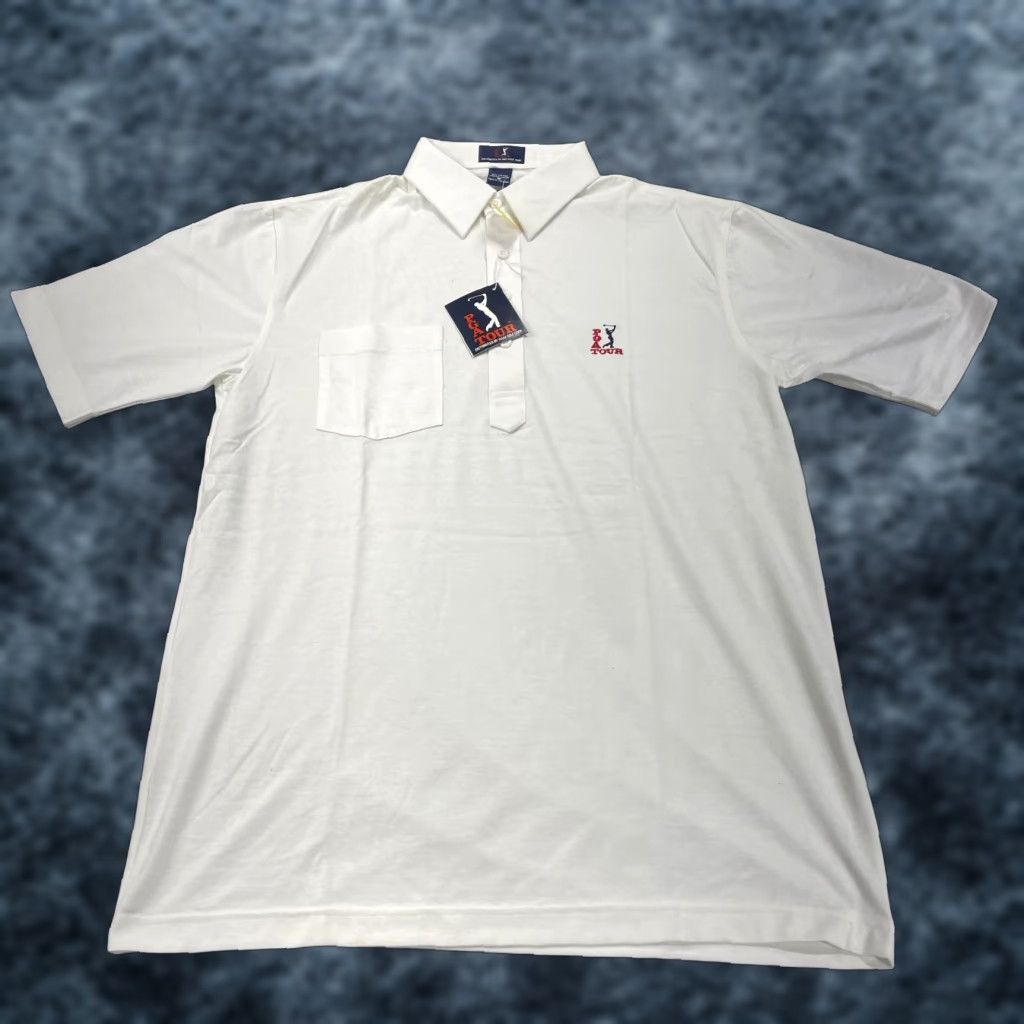 PGA TOUR Polo Shirt Mens M White 80s Vintage Cotton Blend Classic Short Sleeve Button Collared Golf Logo Casual