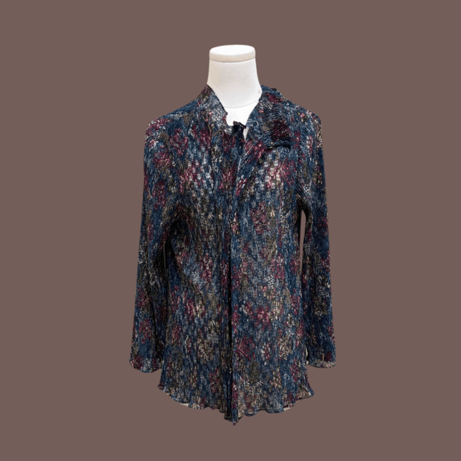 Vintage VTG Floral Knit Top | 1950s Pleated Cover-Up | Retro Boho Size L / US 10 / IT 46 - 1 Thumbnail