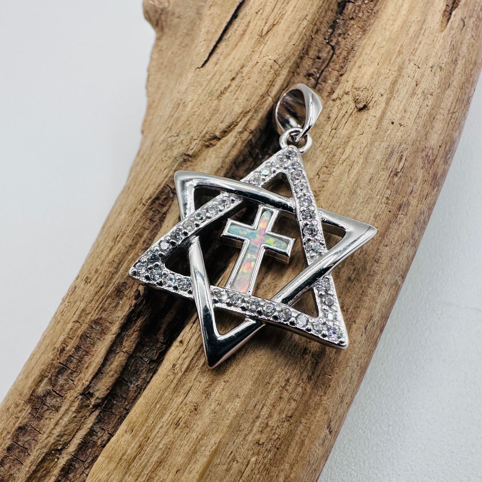 The Unbranded Brand Sterling Silver Star of David Lab Opal Cross CZ Pendant Size ONE SIZE - 1 Thumbnail