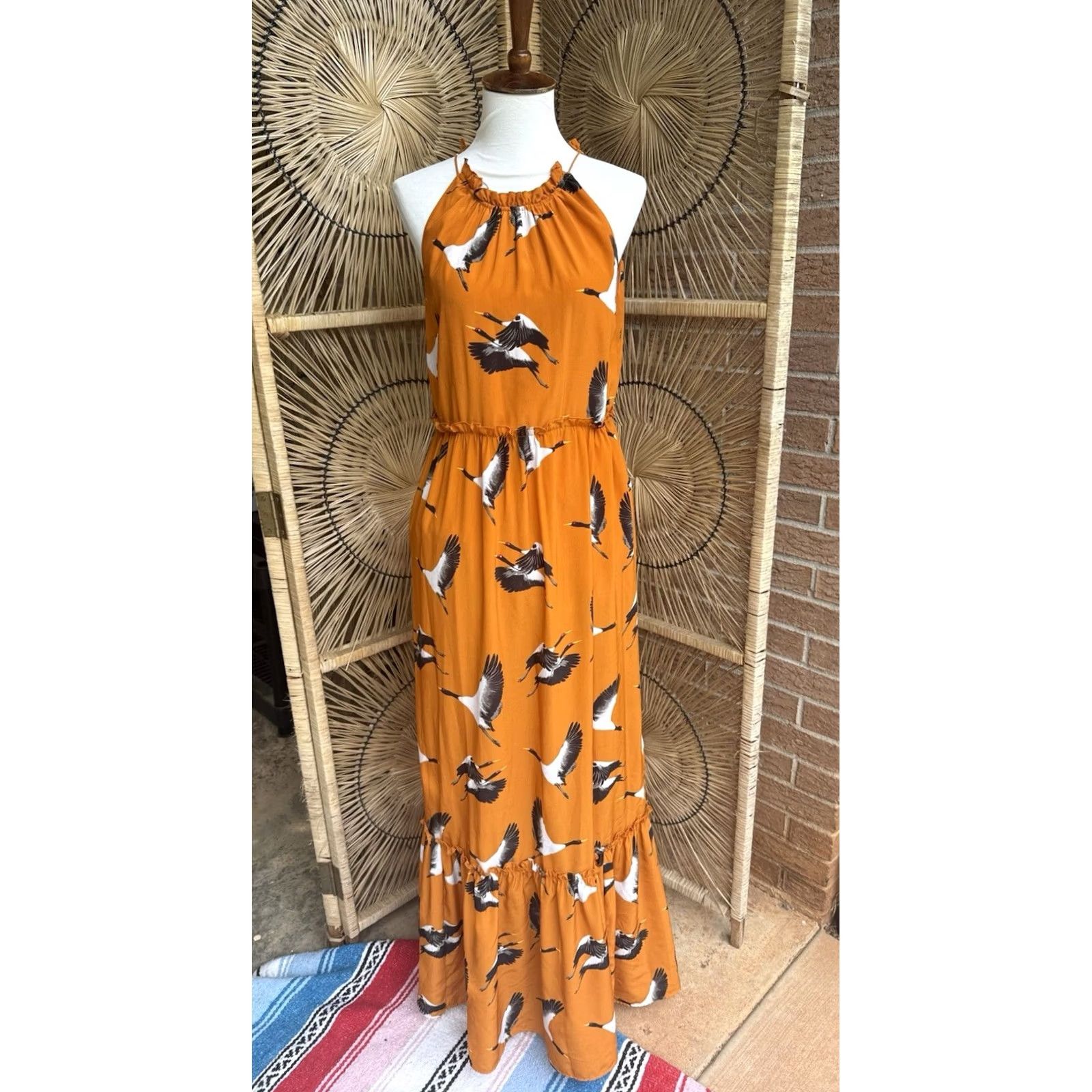 Vintage ROLLER RABBIT Maxi Dress Flying Karma Teagan XS Orange Sleeveless Scoop Neck Tie Floral Cranes Party/Cocktail Casual Women Long Vintage No Size XS / US 0-2 / IT 36-38 - 2 Thumbnail