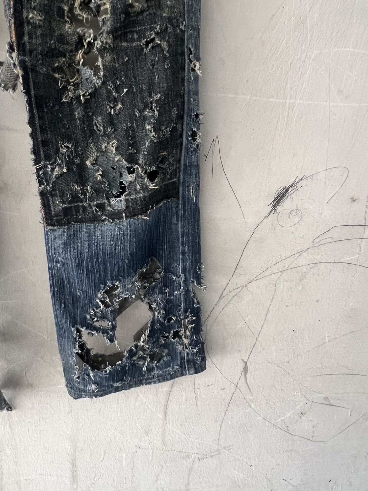 Japanese Brand MUGATAMUGARU THRASHED🔥EDWIN FLARE RIPPED DENIM PANT Size US 32 / EU 48 - 6 Thumbnail