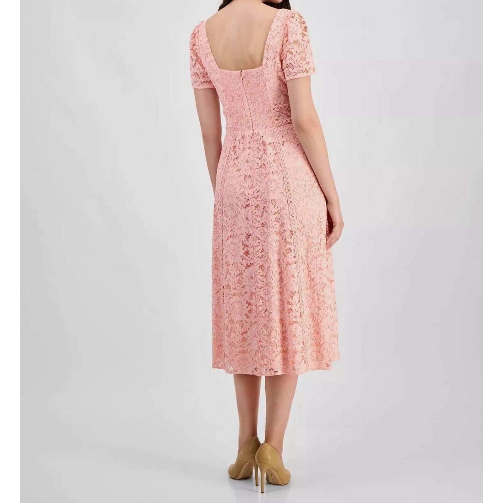 Anne Klein Anne Klein Women's Pink Lace Square Neck Puff Sleeve Dress 4 Size S / US 4 / IT 40 - 2 Thumbnail