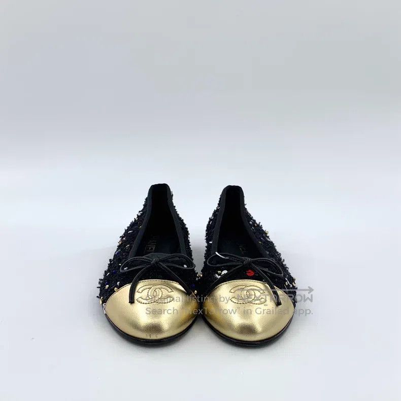 Chanel Chanel Black round toe woven coarse tweed sequin casual fl Size US 7.5 / IT 37.5 - 3 Thumbnail