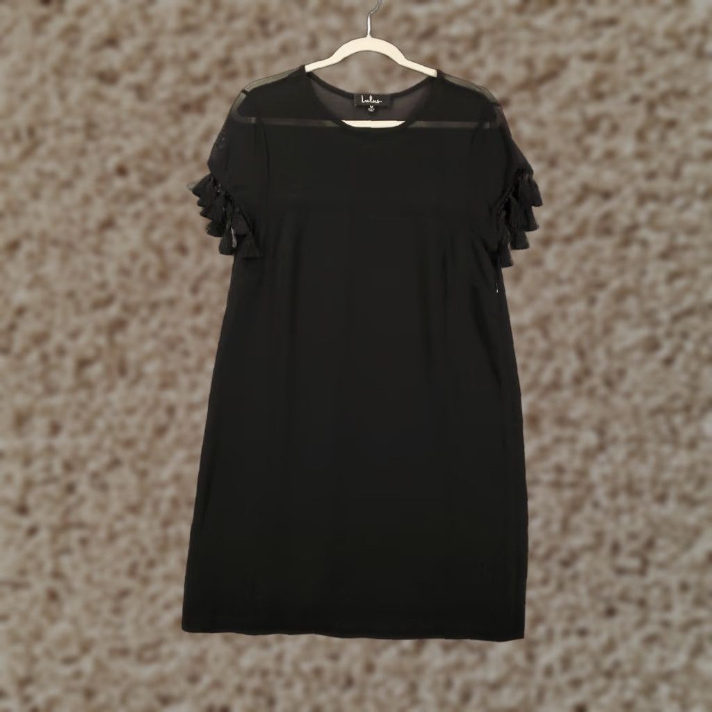 Lulus Lulus Black Dress Womens Medium Sheer Top Fringe Side Zip Mini Knee Dress Length Short Tassel Size M / US 6-8 / IT 42-44 - 1 Thumbnail