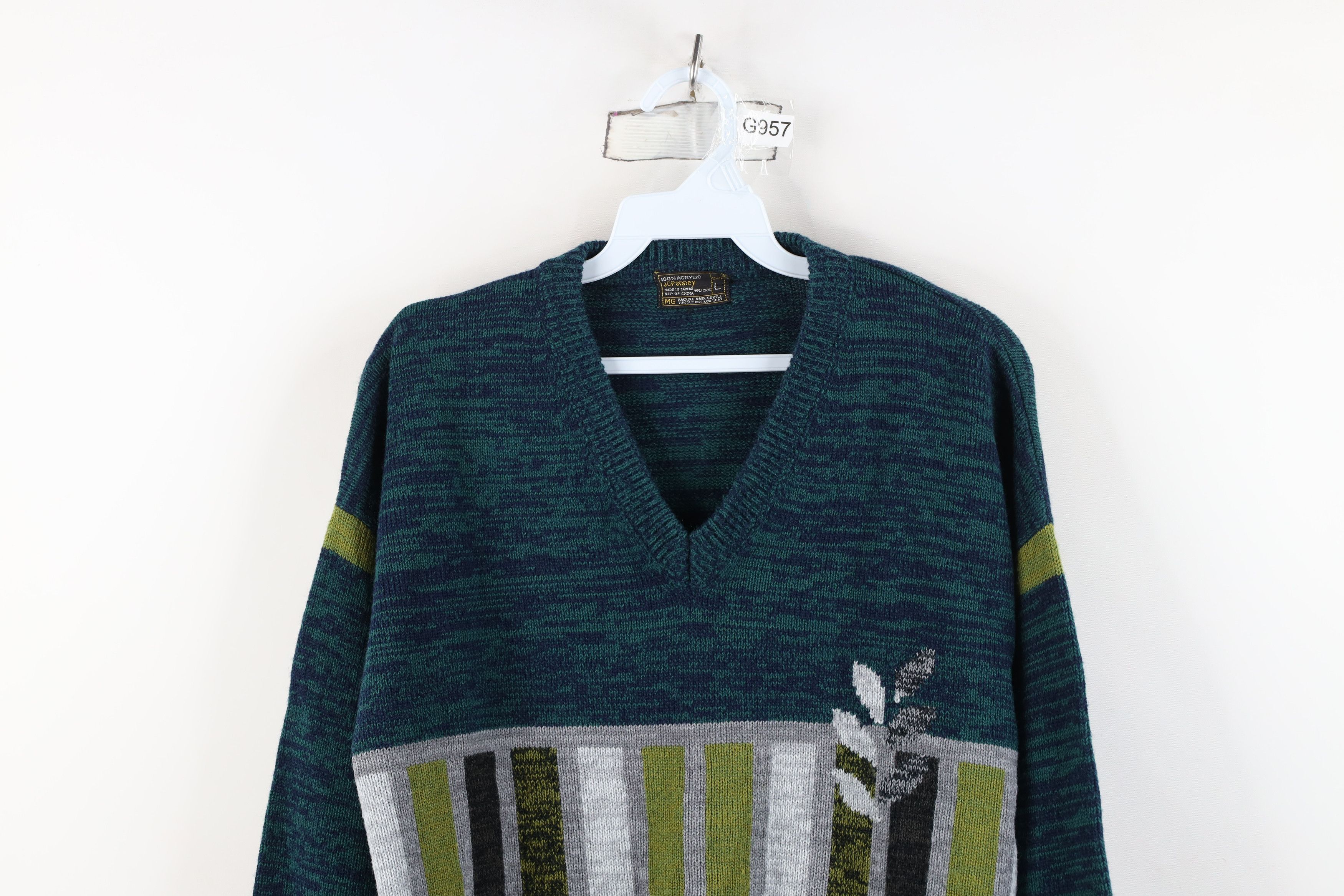 Vintage Vintage 70s Mid Century Modern MCM Leaf Knit V-Neck Sweater Size L / US 10 / IT 46 - 2 Thumbnail
