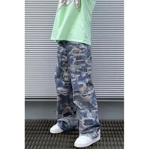image of Distressed Denim x Jean Tie-Dye Print Flared Wide-Leg Jeans in Dark Blue, Men's (Size 29)