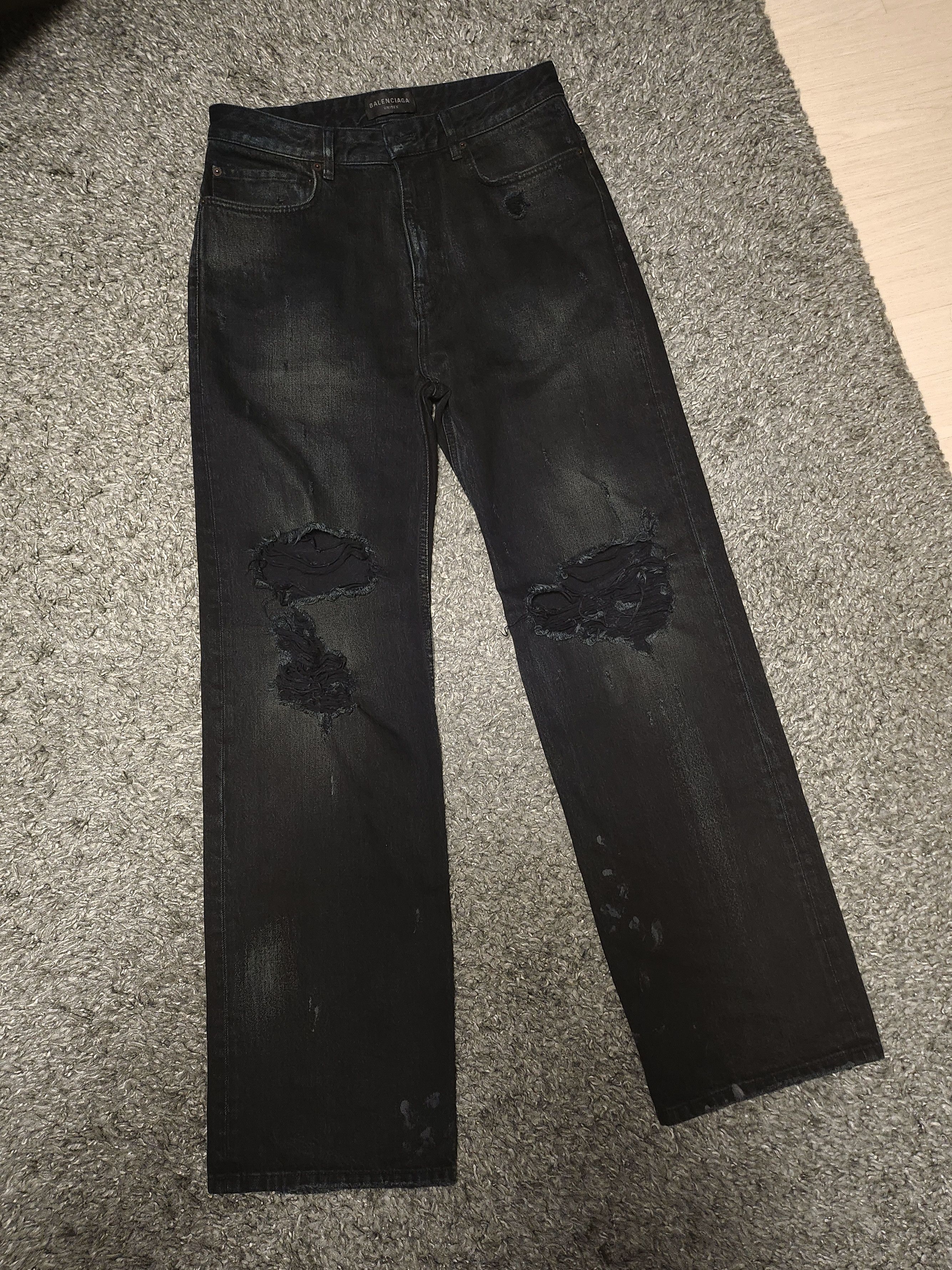 image of Balenciaga Distressed Medium Fit Ripped Denim Pants Jeans in Black, Men's (Size 30)