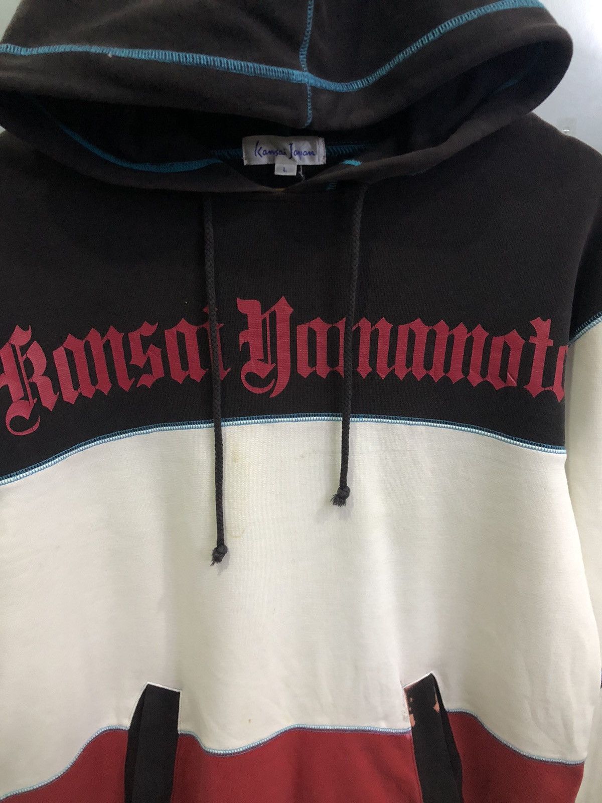 Kansai Yamamoto Vintage 90s Kansai Yamamoto Spellout Cut & Sew Hoodie Size US L / EU 52-54 / 3 - 4 Thumbnail