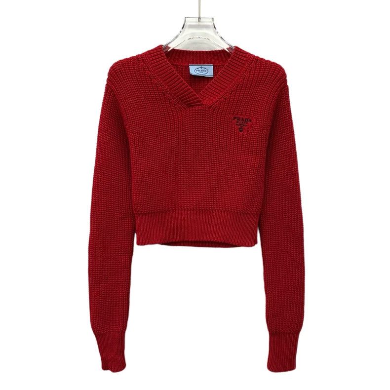 Prada Prada 22 red logo letter embroidered cotton V-neck long-sl Size XS / US 0-2 / IT 36-38 - 1 Thumbnail