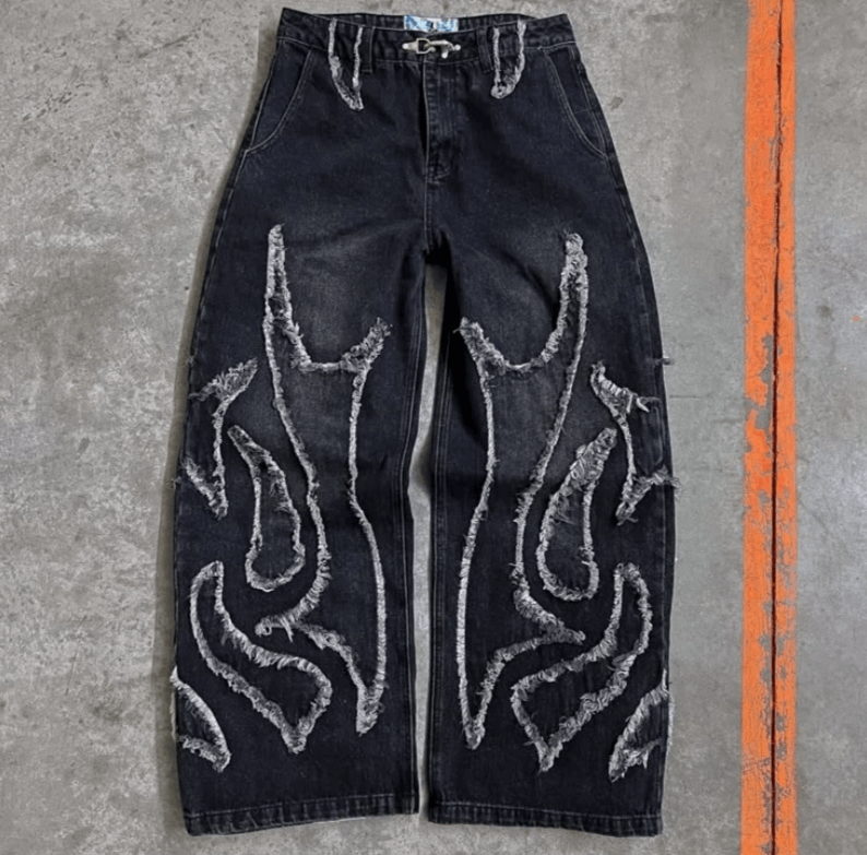 Geometric Pattern Patch Black Old Baggy Jeans