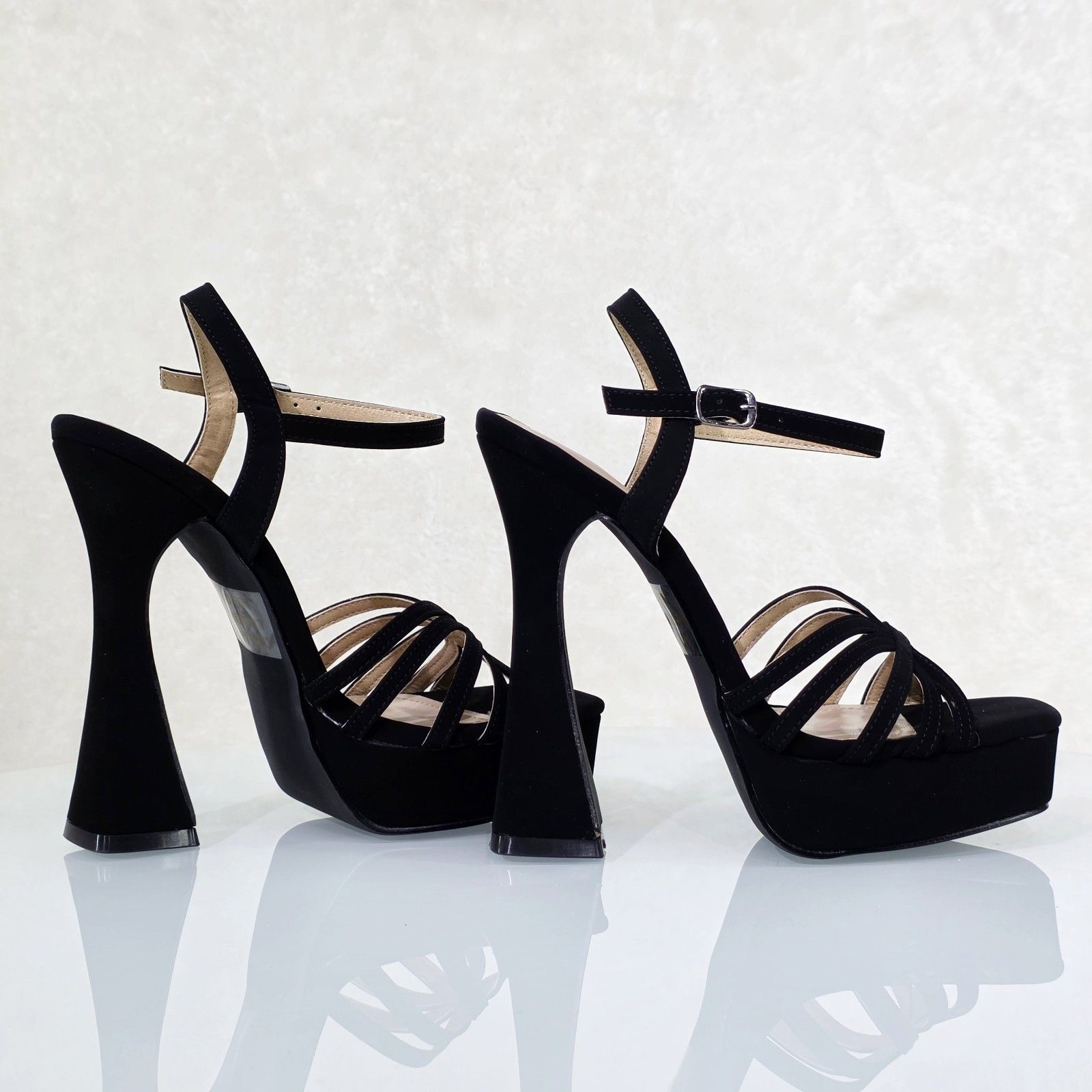 Other Posh Black Velvet Spool High Heels Ankle Strap Open Toe Sand Size US 7.5 / IT 37.5 - 2 Thumbnail