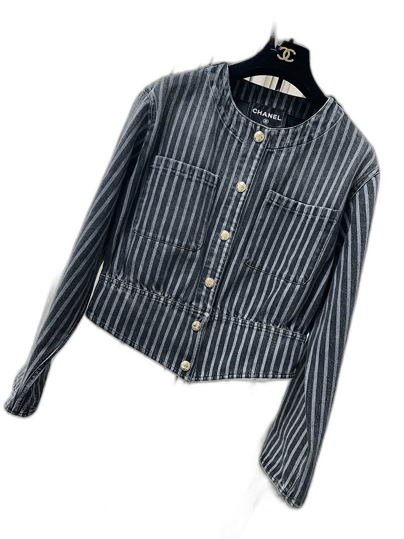 Chanel Blue Gray Striped Denim Jacket