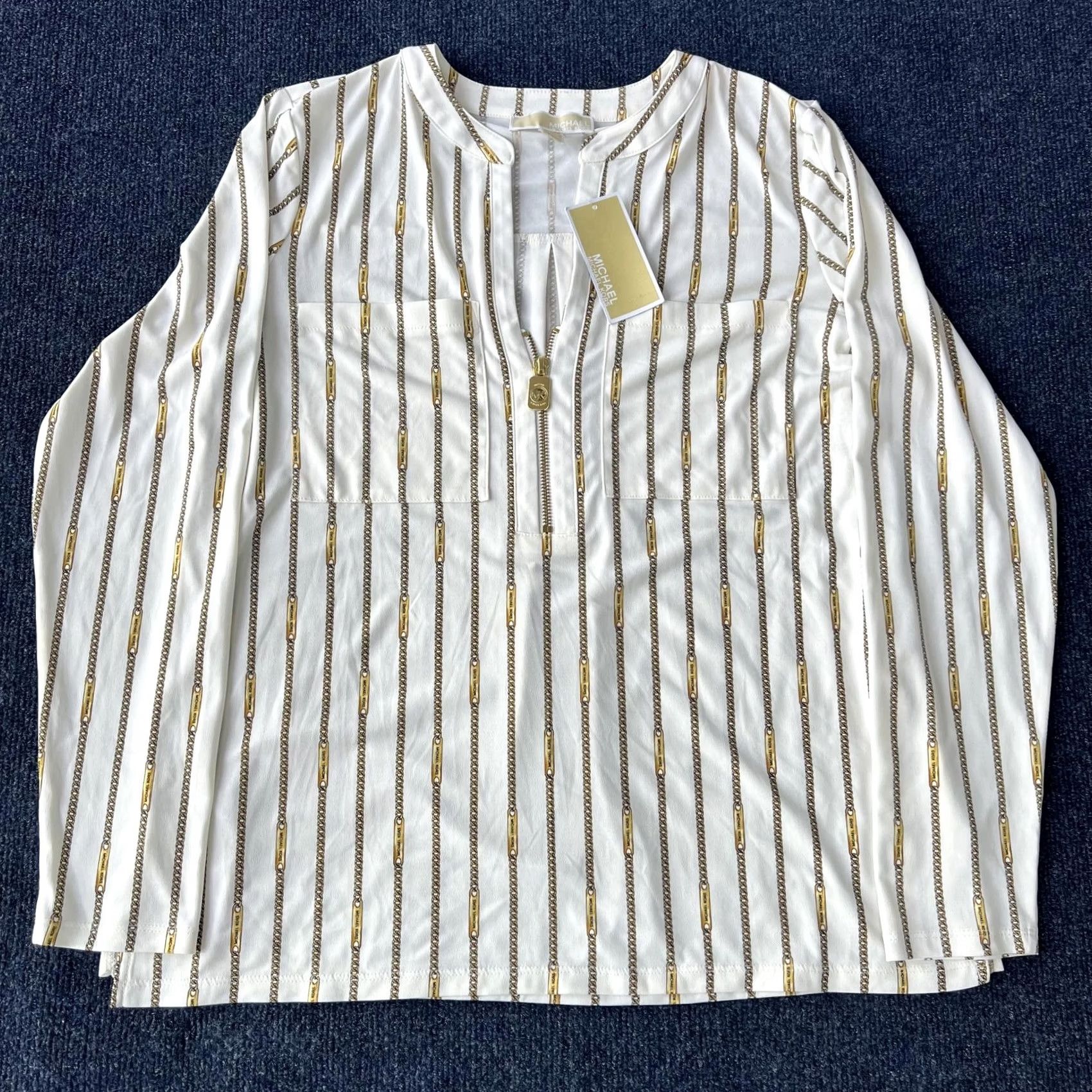 Michael Kors Michael Kors Shirt Womens Large Bone Gold Chain Print Half Zip OH1S4S8AN Size L / US 10 / IT 46 - 2 Thumbnail