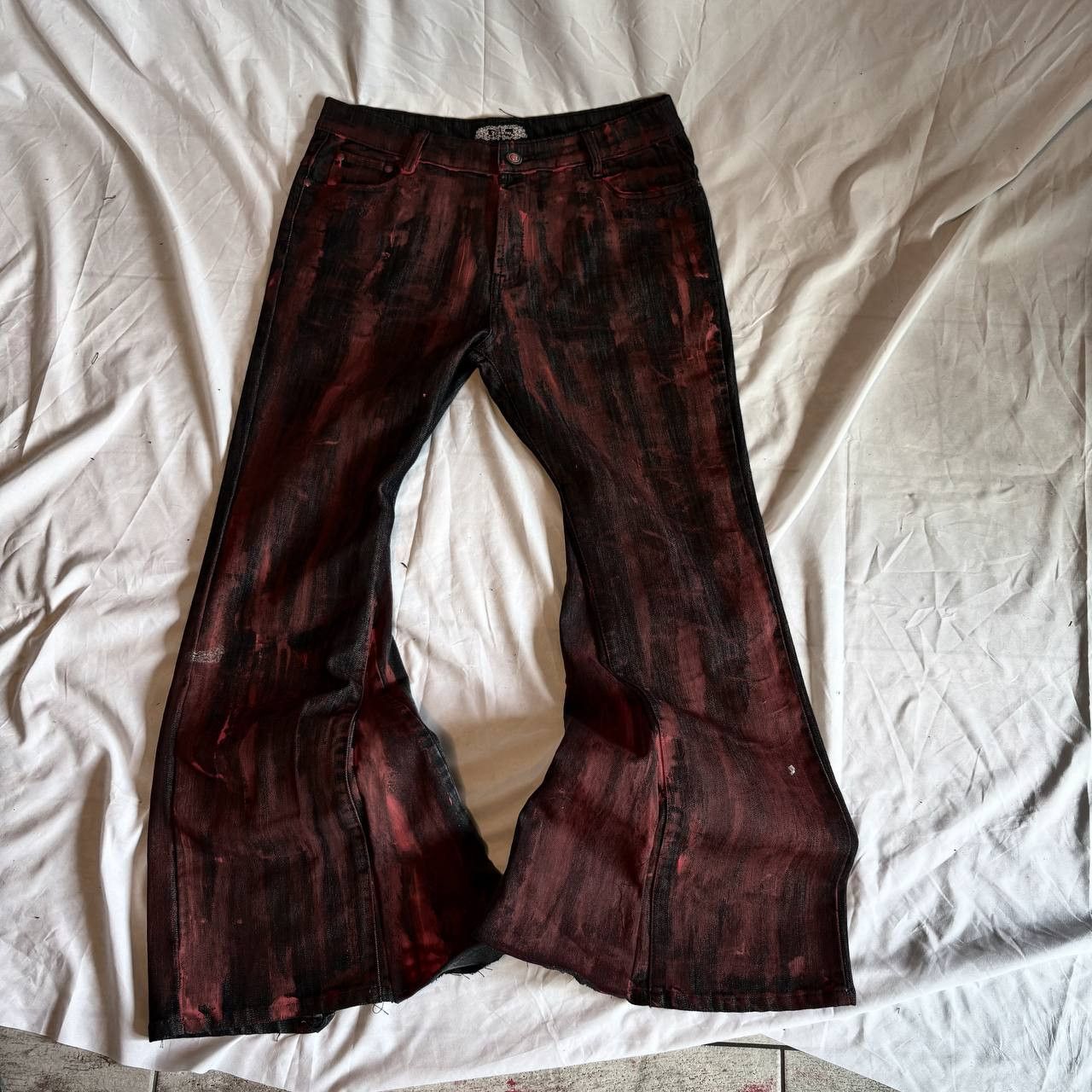 Japanese Brand Handmade Black Red Painted Wide Jeans Size US 36 / EU 52 - 2 Thumbnail