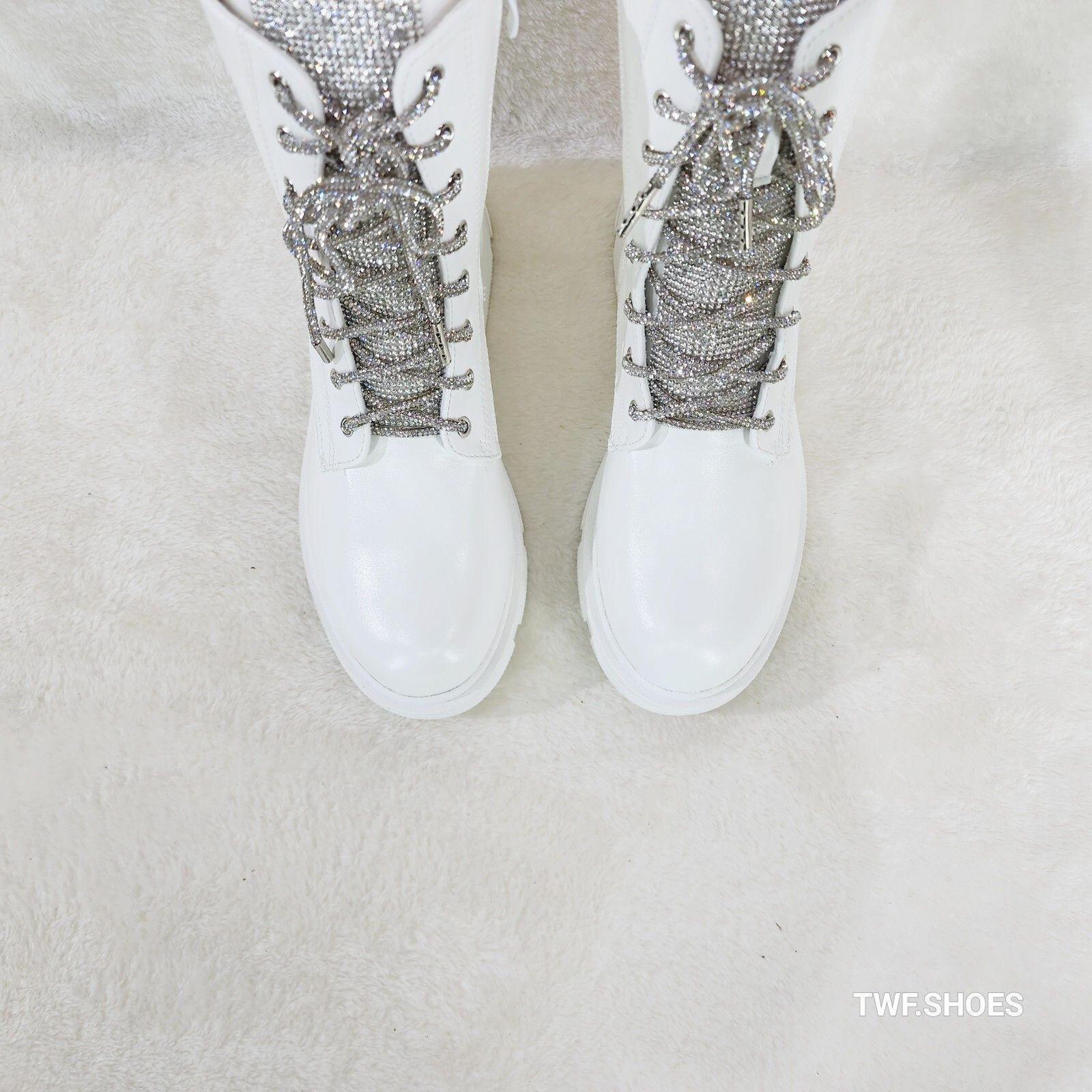 Other Rylee White Combat Ankle Boots Iridescent Rhinestone Tongue Size US 7 / IT 37 - 5 Thumbnail