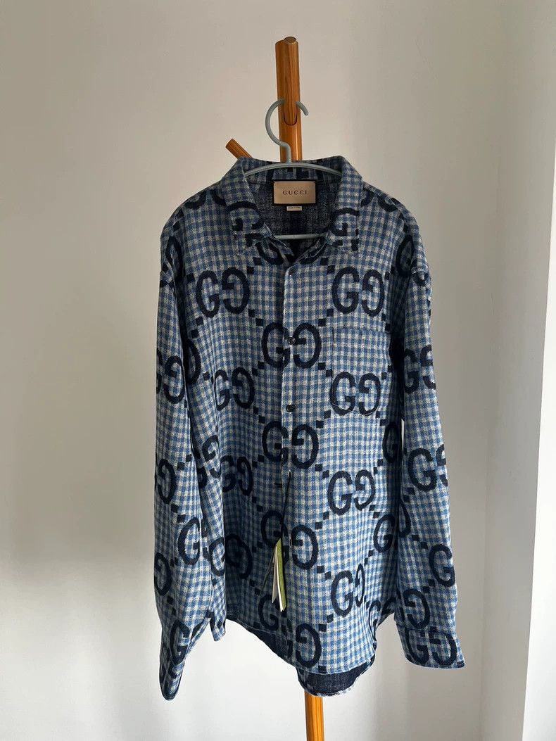 Gucci Gucci Blue old-fashioned wool shirt Size US L / EU 52-54 / 3 - 1 Thumbnail