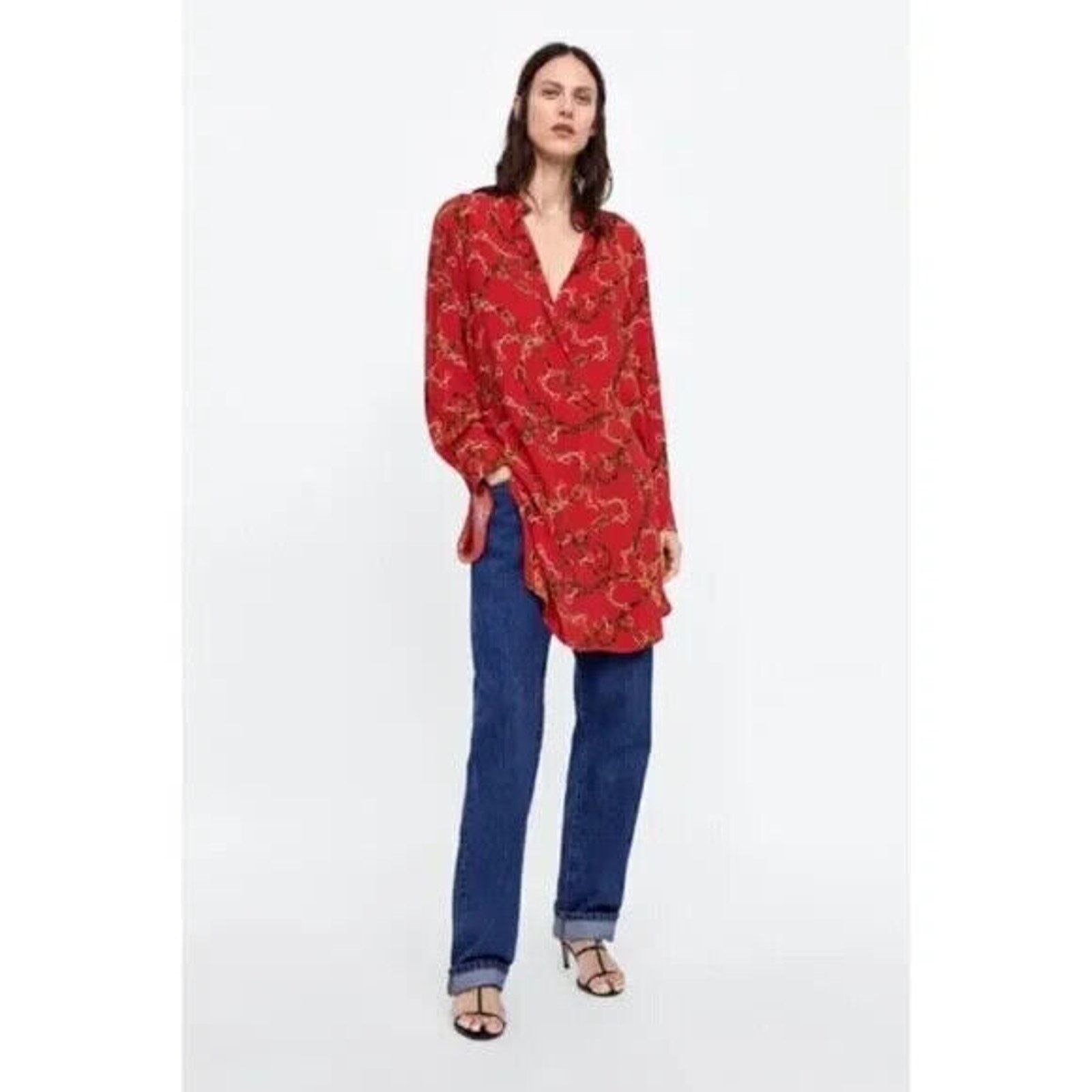 Zara ZARA BASICS EQUESTRIAN PRINT LONG SLEEVE TUNIC SHIRT DRESS L Size L / US 10 / IT 46 - 1 Thumbnail