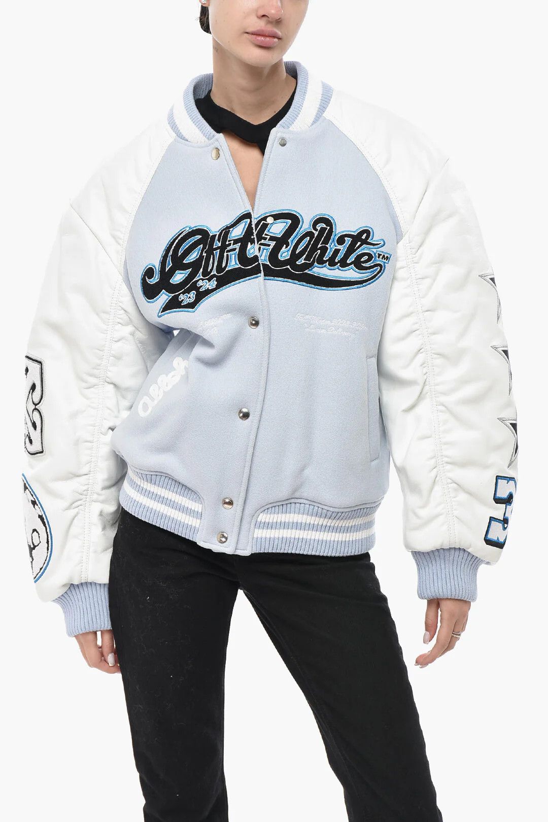 Off-White og1mm0426 Leather Sleeves Wool-Cloth Bomber Jacket Blue Size M / US 6-8 / IT 42-44 - 2 Thumbnail