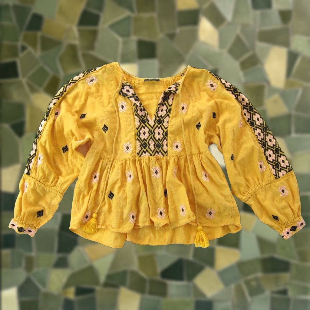 Topshop Topshop Blouse Women Long Sleeve Embroidered Peasant Cotton Yellow Pink Black 6 Size M / US 6-8 / IT 42-44 - 1 Thumbnail