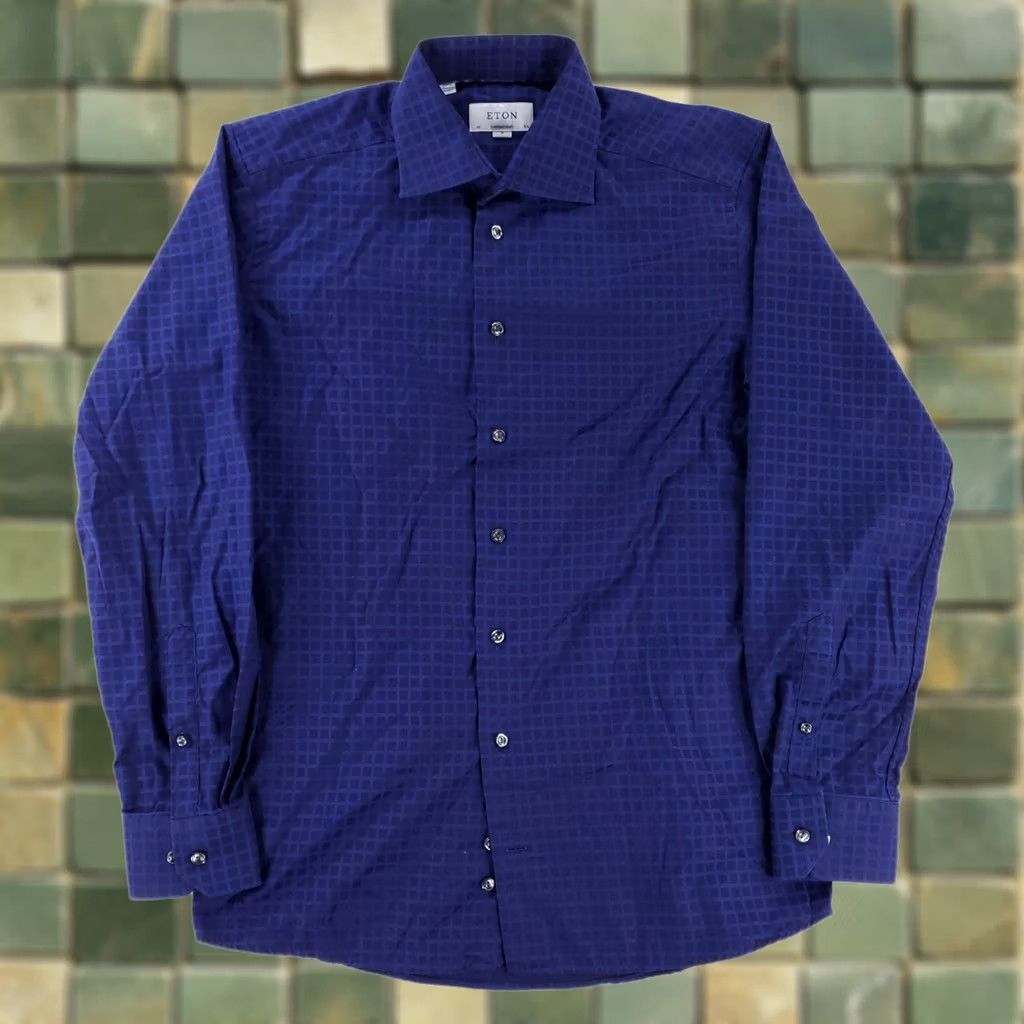 Eton Eton Button-Up Shirt Long Sleeve Mens 40/15.75 M Window Pane Blue Size US L / EU 52-54 / 3 - 1 Thumbnail