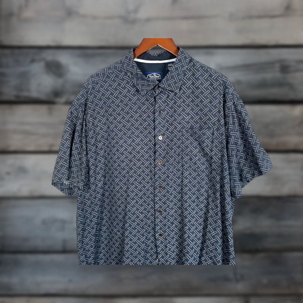 Nat Nast VINTAGE Nat Nast Geometric Shirt Adult 2XL Dark Blue Cotton Silk Blend, Button-Up, Short Sleeve, Collared, Casual, Retro Menswear Size US XXL / EU 58 / 5 - 1 Thumbnail