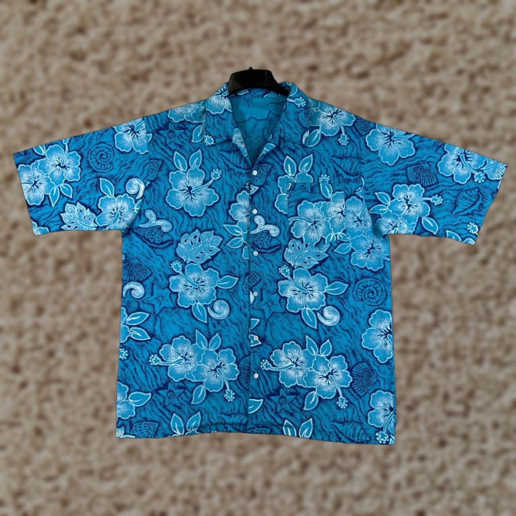 Vintage Hawaiian Shirt Men XL Blue Floral Short Sleeve Button-Up Cotton Hawaiian Mens Size US XL / EU 56 / 4 - 1 Thumbnail