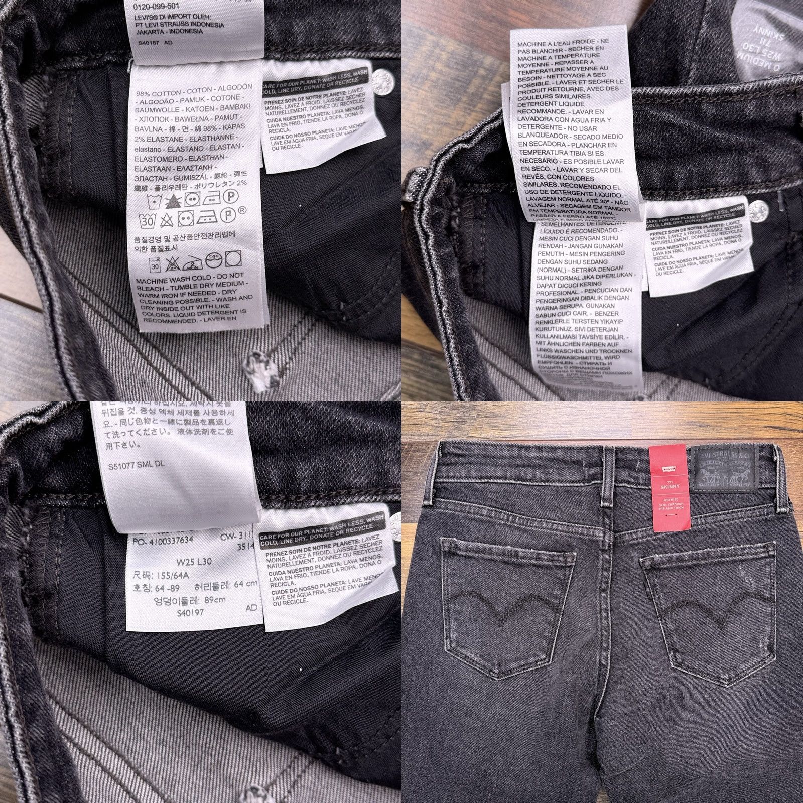 Levi's Levi's 711 Skinny Jeans Womens 25 Black Low Rise Stretch 25x30 Denim Cotton Elastane 5-Pocket Zipper Button Regular Waist Inseam 30 New Size 42" / US 20 - 8 Thumbnail
