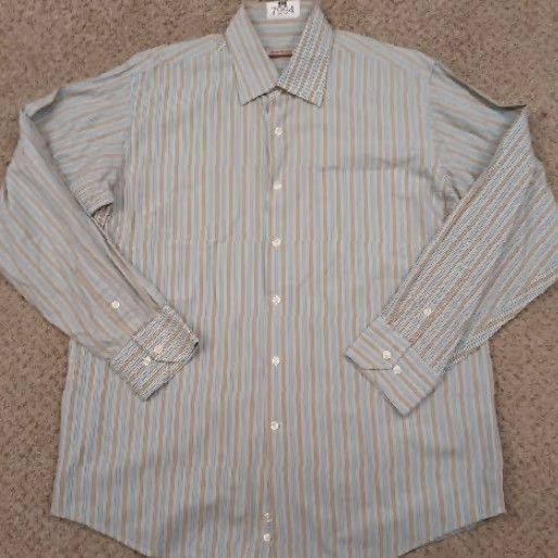 Vintage Barry Bricken Shirt Mens XL Beige Blue Striped Long Sleeve Button-Up Cotton Size US XL / EU 56 / 4 - 2 Thumbnail