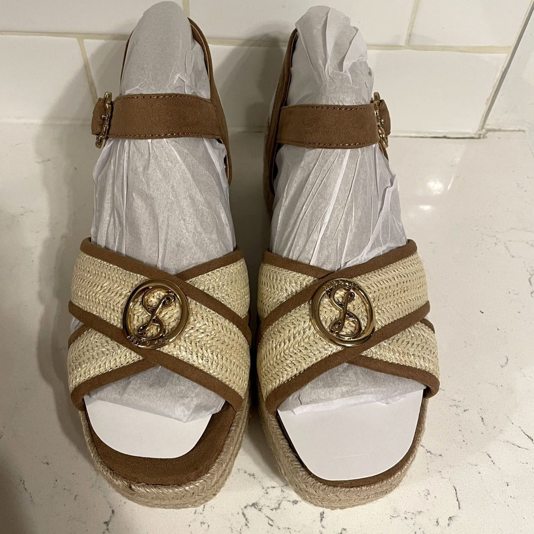 Vintage Sam & Libby Corrinne Women's US 9 Brown Wedge Sandal Gold Open Toe Slip On NEW Size US 9 / IT 39 - 5 Thumbnail