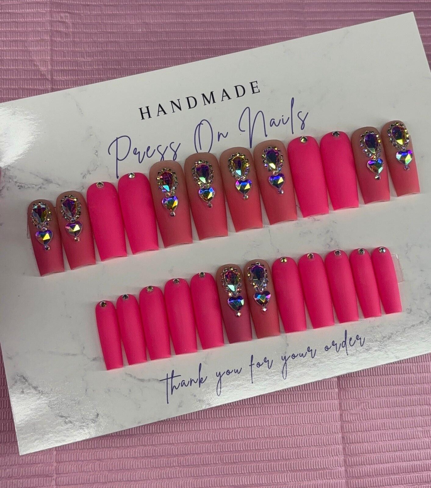 Handmade Long square Press on nails pink ombré rhinestones matte nude Size ONE SIZE - 4 Thumbnail