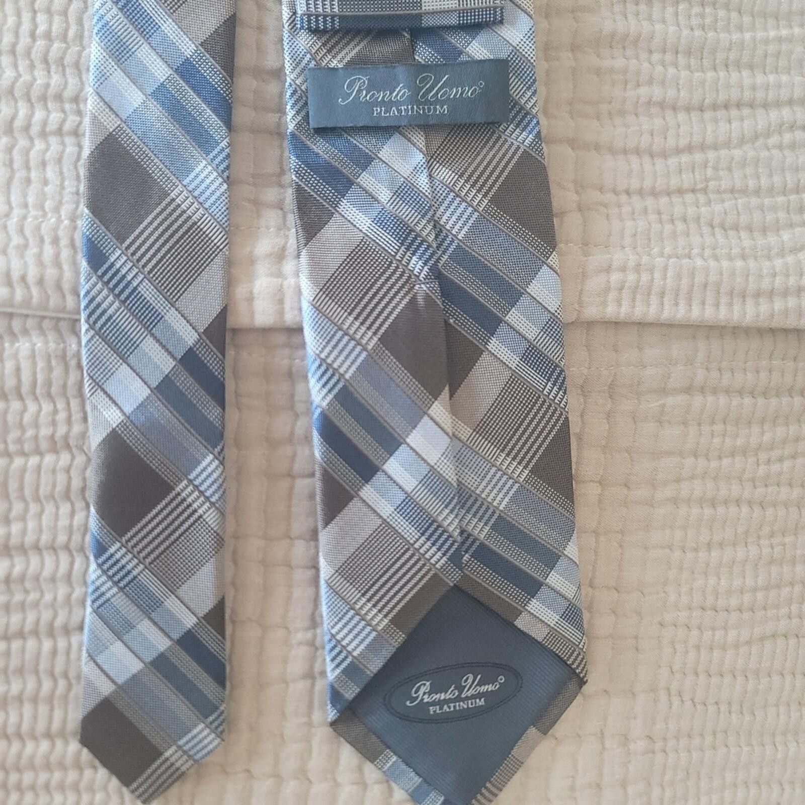 Pronto Uomo Pronto Uomo Blue and Grey Plaid Tie 100% Silk Luxury Size ONE SIZE - 5 Thumbnail