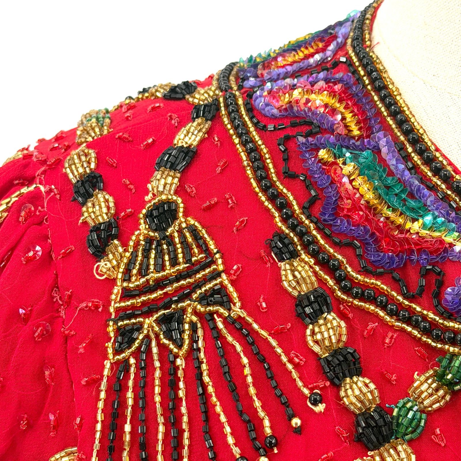 Vintage Vintage 90s Red 100% Silk Beaded Glam Statement Jacket Size S / US 4 / IT 40 - 3 Thumbnail